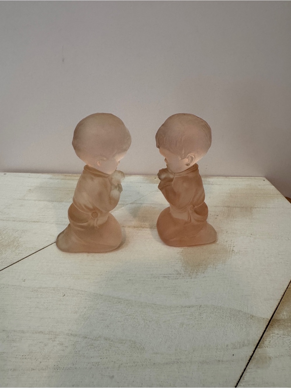 Vintage Pink Frosted Glass Praying Boy Figurines Pair